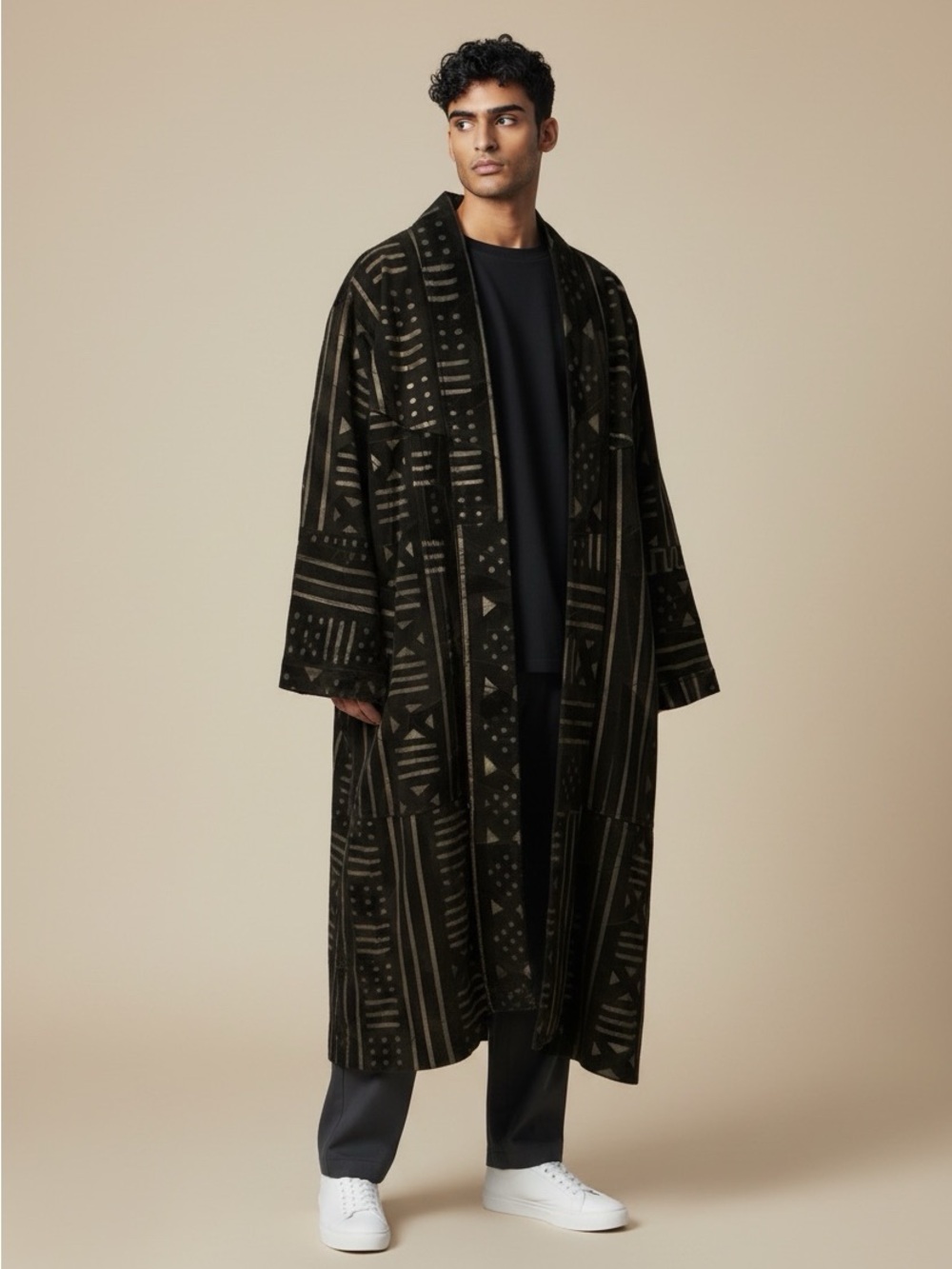 Vintage XLNC Mudcloth Print Leather Duster Coat Black Kimono Jacket XL - Picture 10 of 10